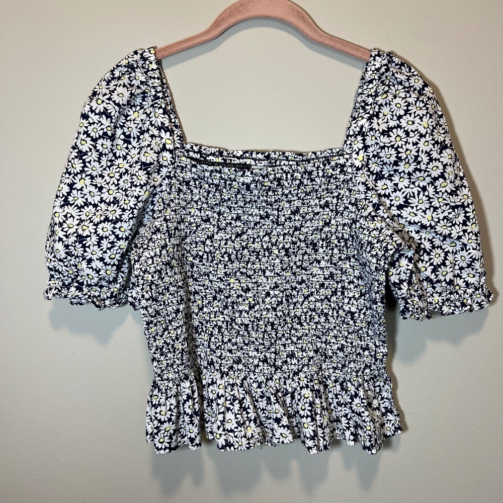 J. Crew Puff Sleeve Smocked Peplum Daisy Floral Top Navy White Cotton Medium